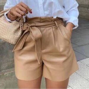 Zara Tan Faux Leather High Waist Belted Paperbag Shorts